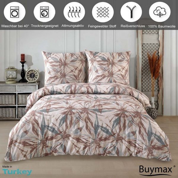 Buymax Bettwäsche Dorina, Bettgarnitur, Bettbezug Set, Renforce: 100% Baumwolle, 2 teilig, mit Reißverschluss, geblümt, Blumen, Beige Braun, 155x220 cm