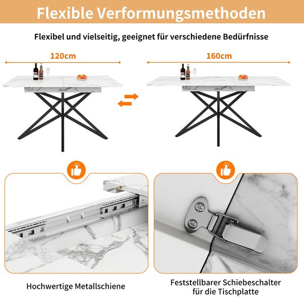 Ausziehbarer Esstisch 120-160 cm Marmoroptik Metallgestell Tisch Esszimmer Wohnzimmertisch,Weiß-Schwarz Bild 4