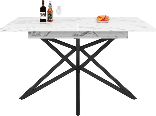 Ausziehbarer Esstisch 120-160 cm Marmoroptik Metallgestell Tisch Esszimmer Wohnzimmertisch,Weiß-Schwarz Bild 7