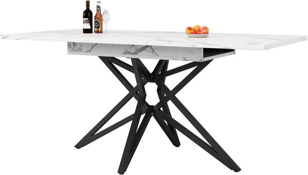 Ausziehbarer Esstisch 120-160 cm Marmoroptik Metallgestell Tisch Esszimmer Wohnzimmertisch,Weiß-Schwarz Bild 8