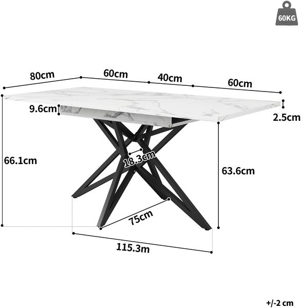 Ausziehbarer Esstisch 120-160 cm Marmoroptik Metallgestell Tisch Esszimmer Wohnzimmertisch,Weiß-Schwarz Bild 10