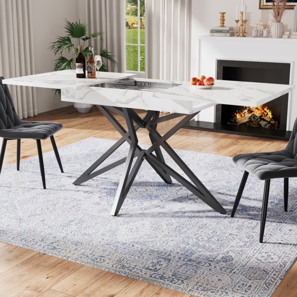Ausziehbarer Esstisch 120-160 cm Marmoroptik Metallgestell Tisch Esszimmer Wohnzimmertisch,Weiß-Schwarz