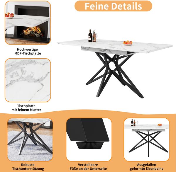 Ausziehbarer Esstisch 120-160 cm Marmoroptik Metallgestell Tisch Esszimmer Wohnzimmertisch,Weiß-Schwarz Bild 5