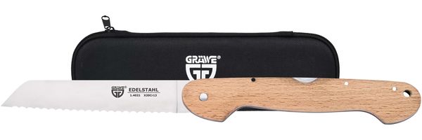 Klappbares Brotmesser, mit Etui, Wellenschliff, Holzgriff