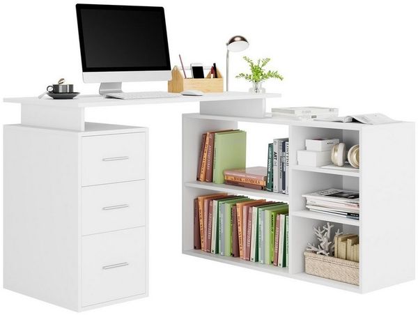 Homfa Schreibtisch, Eckschreibtisch L-förmig, Computertisch, Bürotisch weiß