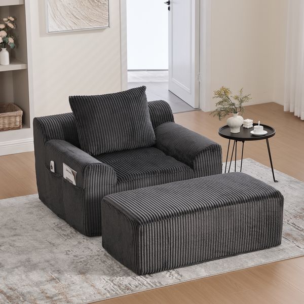 LVHOM Relaxsessel mit Hocker, Bodensofa mit Seitentaschen und Kissen, 1-Sitzer Sofasessel, Einzelsofa, für Wohnzimmer, Schlafzimmer und Studie, Grau