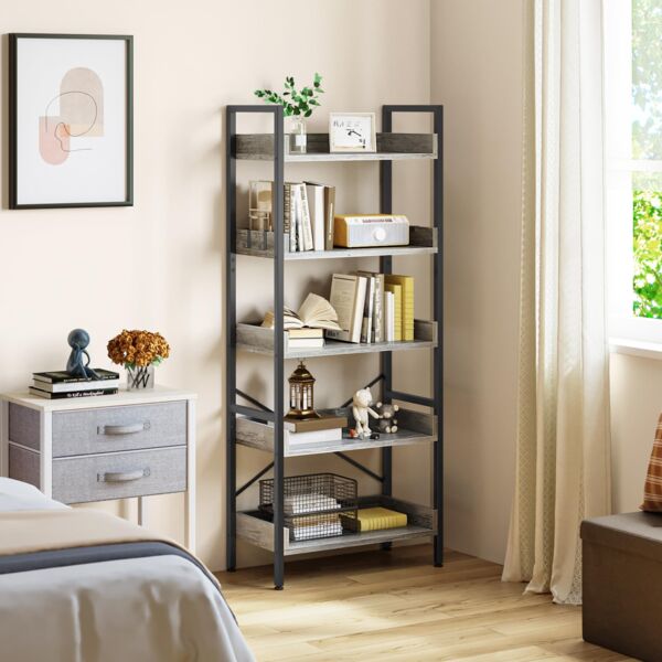 YITAHOME Bücherregal mit 5 Ebenen, bodenstehendes Bücherregal, Holzregal und stabile Stahlrahmenregale mit 4 Haken, industrielles Lagerregal für Wohnzimmer, Heimbüro, Graues Standregal