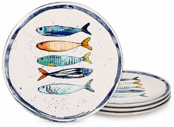 WestCraft Speiseteller Teller, mediterran mit Sardinen-Motiv, Maritime Speiseteller 26 cm, (4 St), 4er Set, hochwertig und robust - langlebig und vielseitig einsetzbar