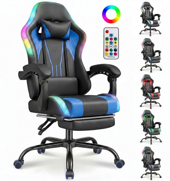 HOMALL Gaming-Stuhl mit LED,Ergonomisch,Fußstütze,computerstuhl,gaming stuhl mit massage, Ergonomischer Bürostuhl,Kopfstütze und Lendenstütze
