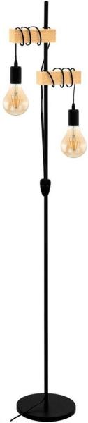 EGLO Stehlampe Townshend, 2-flammige Vintage Stehleuchte, Lampe mit Holzbalken, Retro Standleuchte aus Metall in Schwarz und Holz in Natur, FSC zertifiziert, E27 Fassung