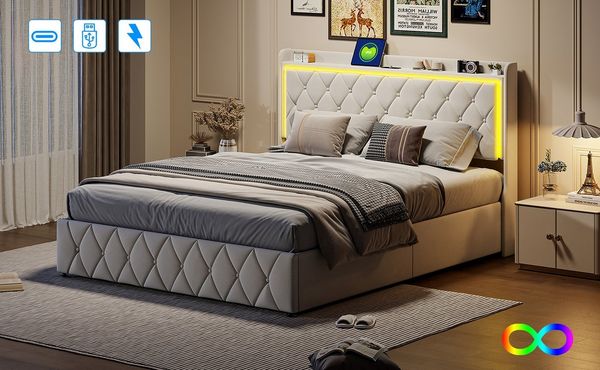 Furnishings Home Stauraumbett Polsterbett LED Doppelbett (1-tlg. Mit LED-Licht und USB C Ladefunktion, Hydraulisch anhebbarer Bettstauraum), Mit LED-Beleuchtung, Ladeanschluss, Lattenrost, Samt, 140x200 cm