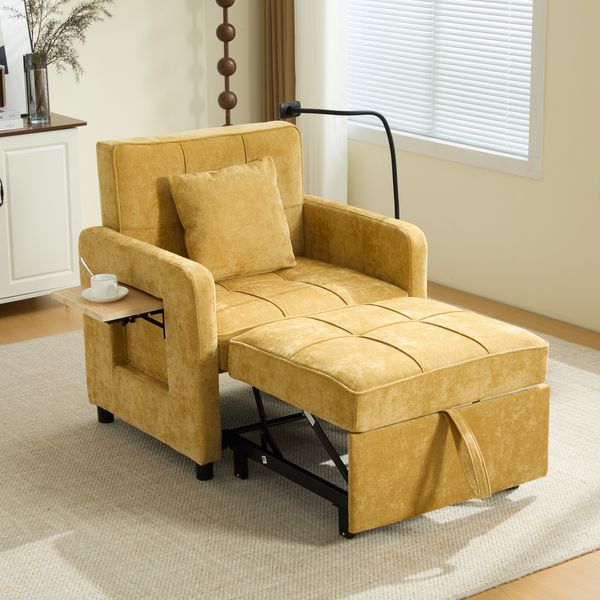 LVHOM Multifunktionaler Schlafsessel mit klappbarer Ablage, Ausziehbares 1-Sitzer Schlafsofa mit Handyhalter und Seitentaschen, Loungesessel, Gelb