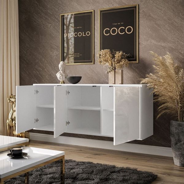 ALLHOUSE24 Kommode MANDY Dreitürige Kommode in Hochglanz Sideboard Kaschmir Weiß, Breite: 154 cm