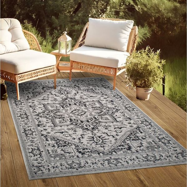 oKu-Tex Outdoorteppich PLUTUS In- & Outdoor Teppich, Flachgewebe, Sisaloptik, rechteckig, Höhe: 3 mm, Vintage orientalisches Design, UV-resistent, Terrasse, Grau-Schwarz