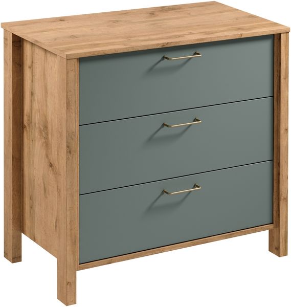 AX LIVING Kommode mit Schubladen Iseonia K3S 90cm, Eiche Wotan & Grün