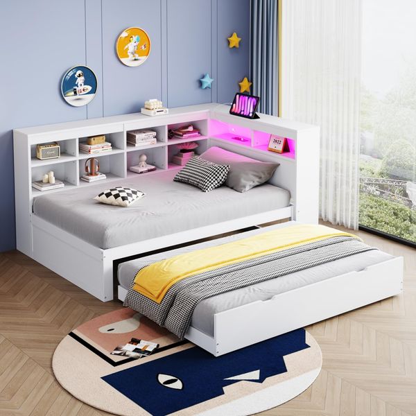 Ball & Cast Schlafsofa (90 * 200cm) Kinderbett mit Vielen Ablagefächern, mit USB-Anschlüssen und Licht Multifunktionales Schlafsofa aus Massivholz, Weiß