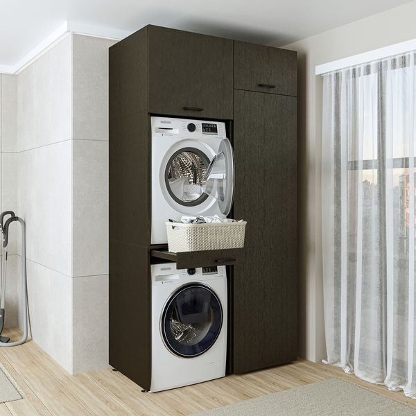 Roomart DUO-I Waschmaschinenschrank 127 cm – Waschmaschine & Trockner übereinander, Hochschrank • Schwarz-Eiche