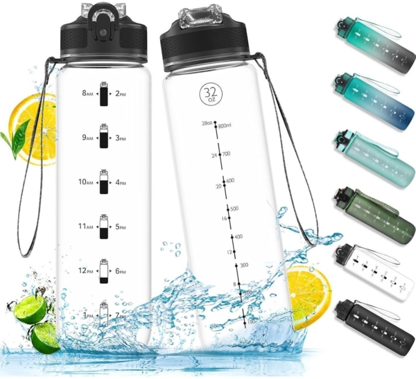 Sport-Wasserflasche mit Strohhalm und Zeitmarkierungen, auslaufsicher, BPA-frei