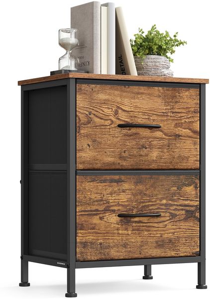 SONGMICS Nachttisch, Kommode, 2 Stoffschubladen, Aufbewahrungsschrank, Stahl, MDF, Vliesstoff, für Schlafzimmer, Flur, Wohnzimmer, vintagebraun-tintenschwarz LGS312BH04