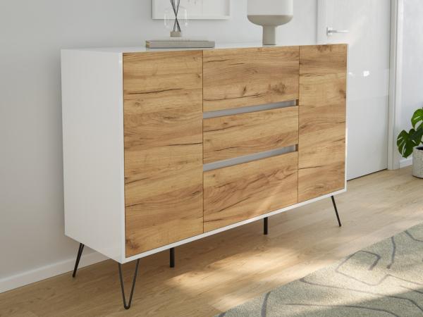 Sideboard Kommode Daro 140cm Greifraum 3 SoftClose 2 Türen Weiß/Eiche Front : Oak Gold / Weiss hochglanz