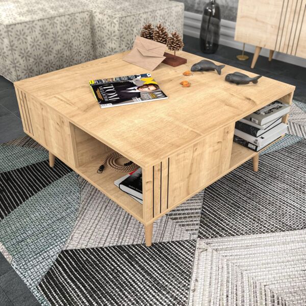 Hanah Home Modern Oak Coffee Table, 89.6 x 89.6 x 46.5 cm | 100% Melamine Coated Particle Board, 18 mm Thick | Scandinavian Design for Cabin & Lodge Aesthetics