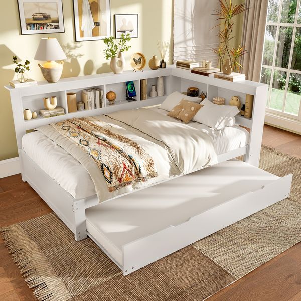 Daybett mit Ausziehbett, 2 Schubladen & USB-Anschluss, 140x200 cm, Weiß, ohne Matratze