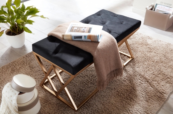 Sitzbank Samt Schwarz 90 x 46 x 44 cm Flur Polsterbank mit Metallgestell | Bettbank Schlafzimmer Chesterfield Design | Flurbank Garderobenbank Modern Bild 4