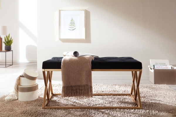 Sitzbank Samt Schwarz 90 x 46 x 44 cm Flur Polsterbank mit Metallgestell | Bettbank Schlafzimmer Chesterfield Design | Flurbank Garderobenbank Modern Bild 5