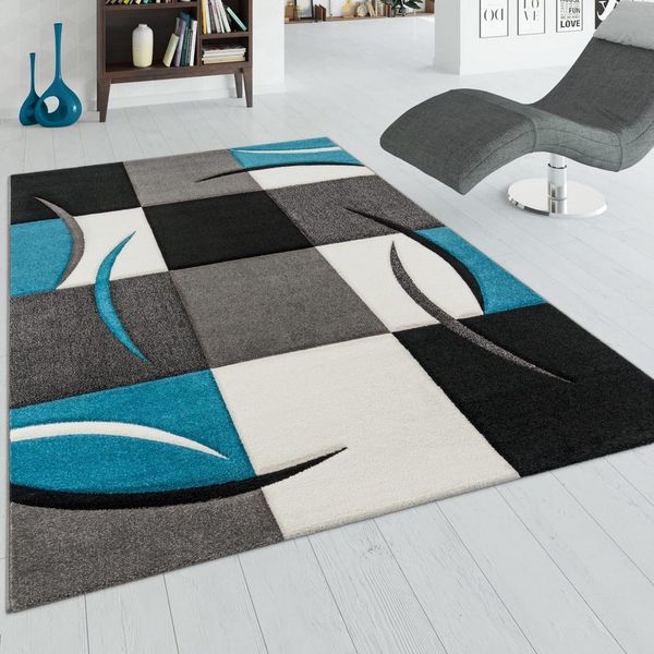 KADIMA DESIGN Teppich Karo Wohnzimmer 100% Polypropylen schmutzabweisend Teppich Kurzflor, Rechteckig, Höhe: 16 mm, Florhöhe: 12 mm, 100% Polypropylen, Rechteckig, 80x150 cm, Türkis