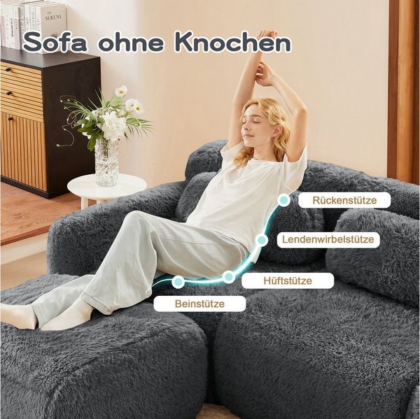 Odikalo Sofa Ecksofa Schlafsofa Modulares Sofa, Plüschstoff, Boneless Cloud Sofas, Weicher Flauschplüsch-Stoff, Modulares Schlafsofa mit 2 Ottomans, Zweisitzer-Sofas, Montagefrei, Bequemes Sofa für Wohnzimmer