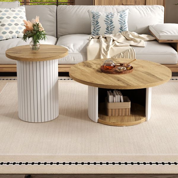 Couchtisch-Set, MDF mit Ablagefach, 75x75x50 cm + 45x45x35 cm, Natur