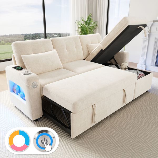 Ecksofa Schlafsofa mit Chenille-Bezug, Stauraum & USB-Anschluss, 206 x 131 x 85 cm, Beige