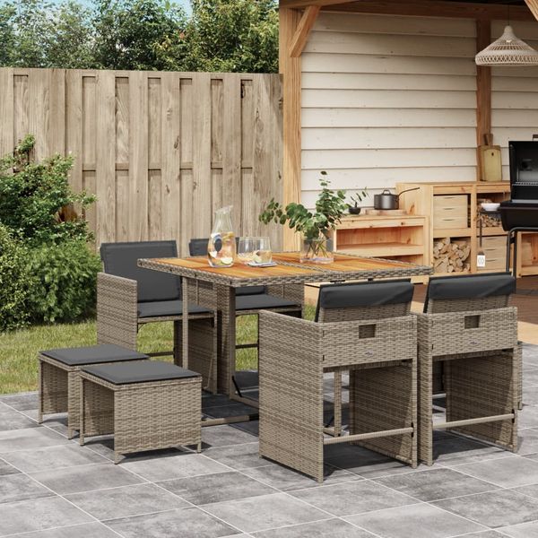 vidaXL 9-tlg. Garten-Essgruppe mit Kissen Grau Poly Rattan 3211142