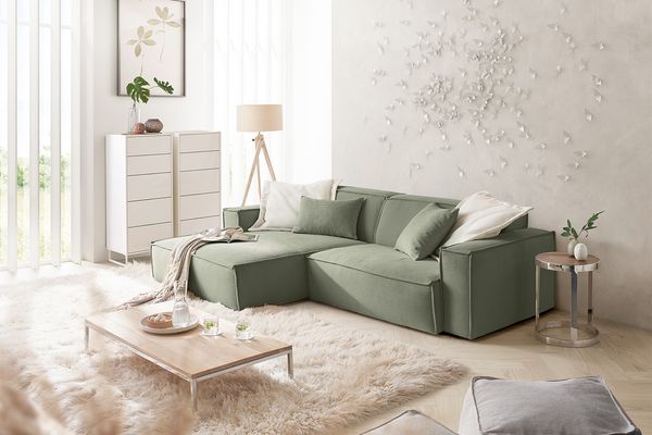 KAWOLA Sofa SAMU Ecksofa Feincord olivgrün Recamiere links 72 x 168 x 276 cm