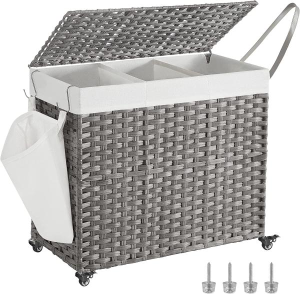 Songmics Wäschekorb handgeflochten mit 3 Fächer, Rattan-Optik Grau, 70 x 36 x 66 cm