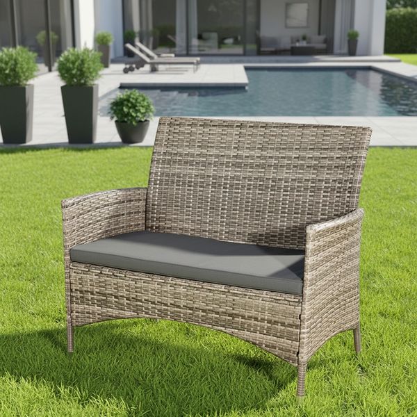 Gartenbank Polyrattan grau mit Sitzpolster Sitzbank Rattanbank Sitzbezug
