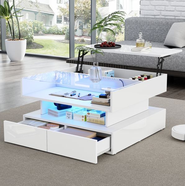 Couchtisch 80x80x45 cm mit Hubfunktion, 2 Schubladen, LED und Glasplatte – hochglänzender Wohnzimmertisch in Weiß