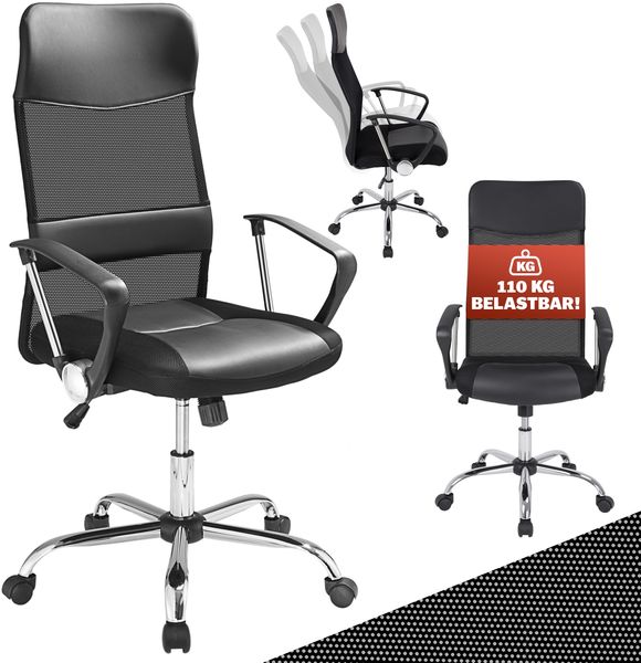 Deuba Bürostuhl mit Armlehne und ergonomischer Rückenlehne, Kunstleder / Netzbezug schwarz, max. 160 kg
