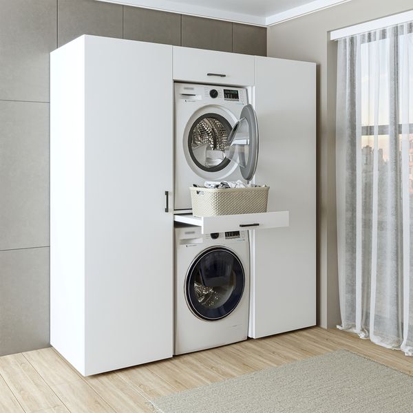 Roomart DUO I Schrankwand 187 cm – Waschmaschine & Trockner, Soft-Close | • Weiß