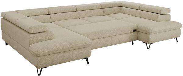 MKS Möbel 'Pablo U-Form' Wohnlandschaft mit Bettkasten, Creme, Struktur, T25 Topper Bild 6