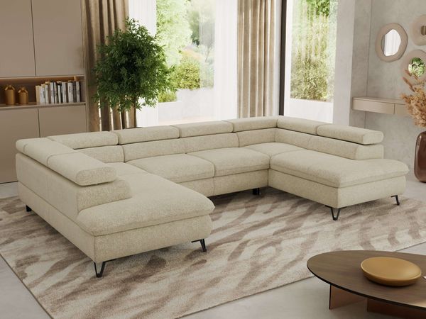 MKS Möbel 'Pablo U-Form' Wohnlandschaft mit Bettkasten, Creme, Struktur, T25 Topper