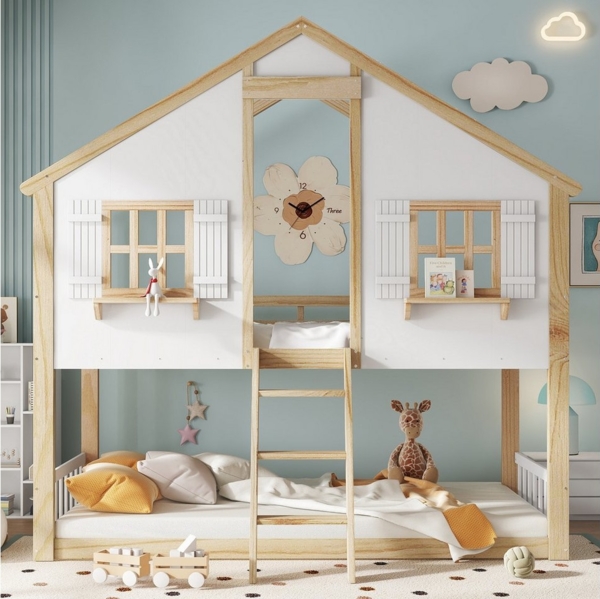OKWISH Etagenbett Kinderbett Holzbett (mit Dach und Fenstern, stabile Lattenroste und Schutzgeländer, 90x200cm), ohne Matratze