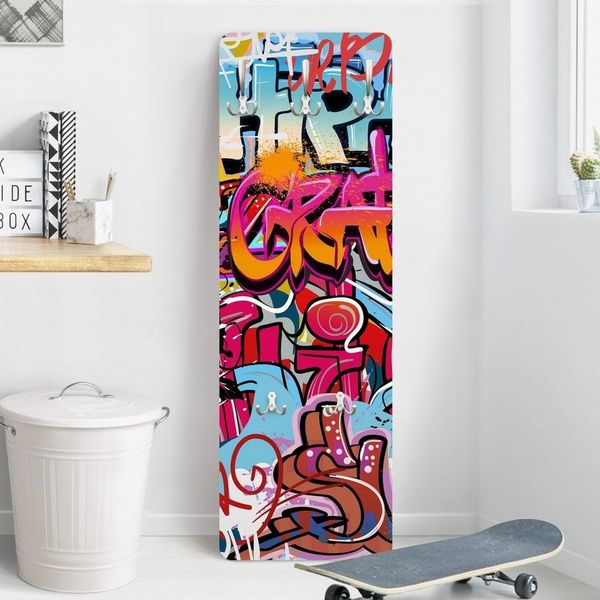 Bilderdepot24 Garderobenpaneel bunt Kinder Sprüche HipHop Graffiti Design (ausgefallenes Flur Wandpaneel mit Garderobenhaken Kleiderhaken hängend), moderne Wandgarderobe - Flurgarderobe im schmalen Hakenpaneel Design