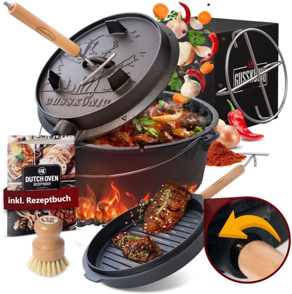 Dutch Oven 12 l ohne Füße – eingebrannt & sofort einsatzbereit, inkl. 2in1 Deckelheber, Reinigungsbürste, Edelstahl-Untersetzer, Rezeptbuch & Pflegeanleitung