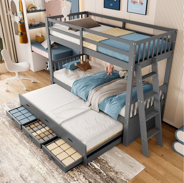 TavilaEcon Etagenbett Kinderbett Hausbett Jugendbett 90x200cm, für Mädchen und Jungen, mit Leiter undausziehbarem Bett und 3 Schubladen