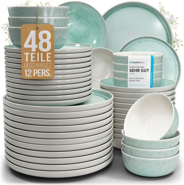 PURE LIVING INTERIOR DESIGN Geschirr-Set Pure Living »Ibiza« (48-tlg), 12 Personen, Steingut, Türkis, 12 Personen, Steingut, Mediterrane Handwerksoptik, Reaktive Glasur – jedes Stück einzigartig…