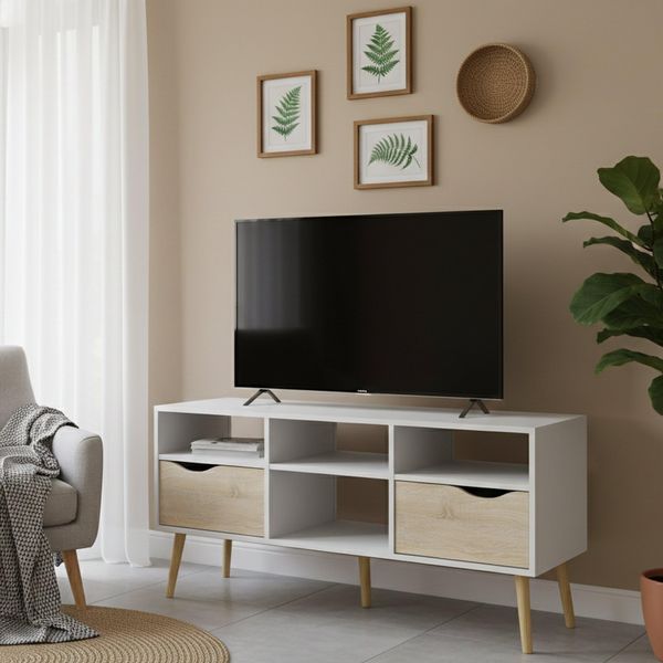 Dmora TV-Schrank mit zwei Schubladen, Farbe Weiß und Eiche, 117 x 57 x 39 cm