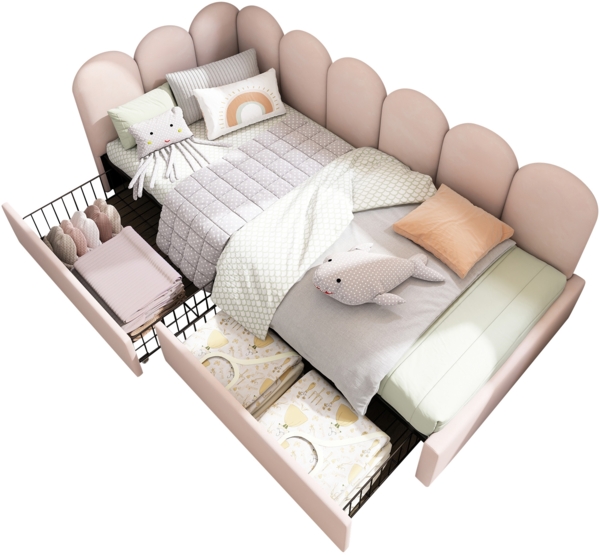 Polsterbett Tagesbett 90x200 cm mit Schubladen, Samt Rosa – L‑förmiges Daybed mit gepolstertem Rücken