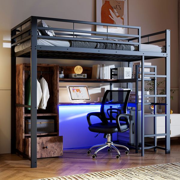 Hochbett, 90 x 200cm , Metallbett, Mit LED-Leuchten, Schreibtisch, 1 Schubladen, Regale, Geländer, Treppe, ohne Matratze, EN747 zertifiziert, Schwarz