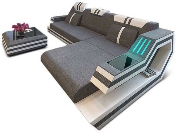 Polstersofa Materialmix Ravenna L-Form LED - Strukturstoff - Grau-Weiß - Rechts